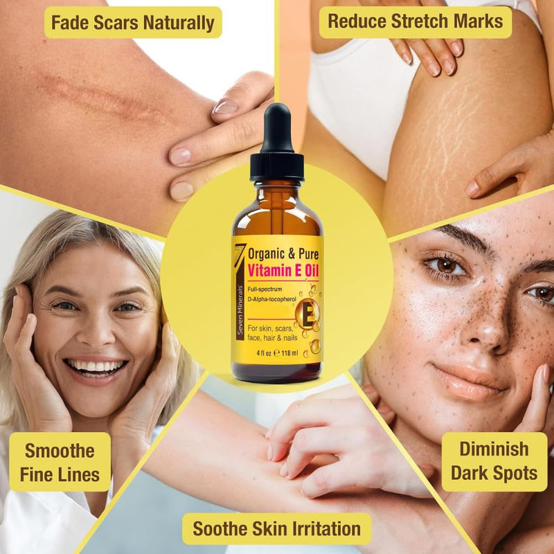 Seven Minerals Ultra Pure Vitamin E Oil for Skin, Face, Hair and Scars 4 Oz | Full-Spectrum D-Alpha Tocopherol from Organic Sunflower Seeds - Naturally Occurring = Not Synthetic 4 Fl Oz (Pack of 1)
