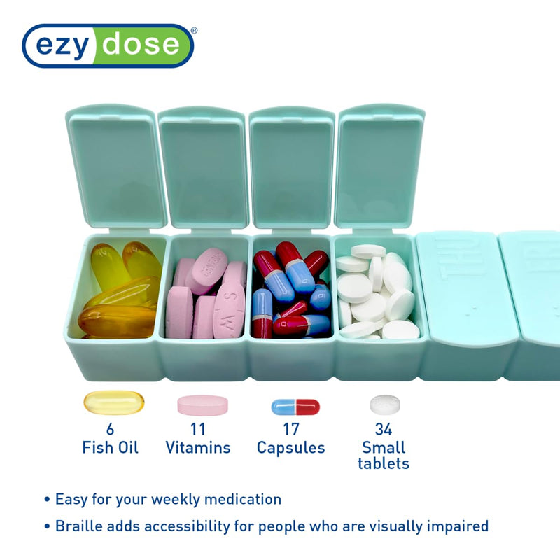 Ezy Dose Weekly (7-Day) Pill Organizer, Medicine Planner, Cream & Teal | Daily Vitamin & Supplement Medicine Case, Pop Up Compartments, Embossed Matte Design, Travel-Friendly, BPA-Free, 2-Pack