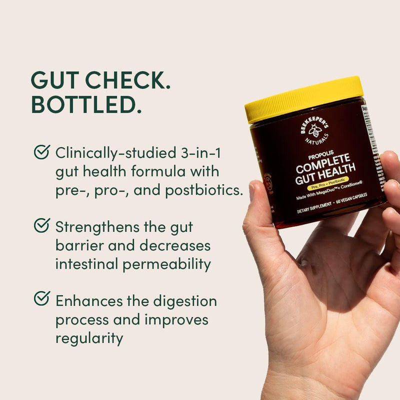 [Australia] - Beekeeper's Naturals Complete Gut Health, 3-in-1 Prebiotic, Postbiotic, Probiotics for Digestive Health & Bloating Relief for Women & Men, Propolis Powered, Gluten-Free Vegan Capsules, 60ct 60 Count (Pack of 1) 