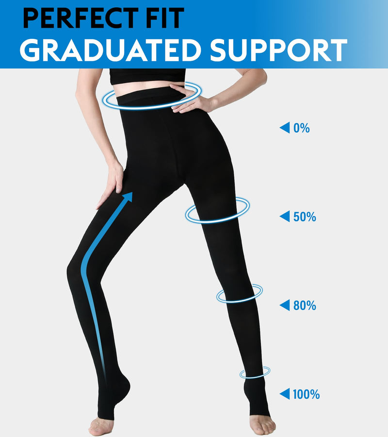 [Australia] - Medical Compression Pantyhose for Women & Men, Comfort 20-30 mmhg Graduated Compression Support Stockings, Open Toe Compression Tights for Varicose Veins, Edema, Flight, Black M Medium 