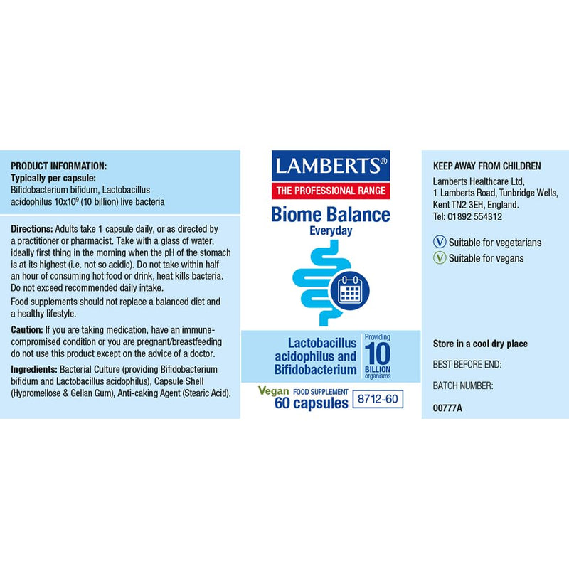 Lamberts Biome Balance Everyday – 10 Billion CFU – with Lactobacillus Acidophilus & Bifidobacterium Bifidum – 60 Capsules