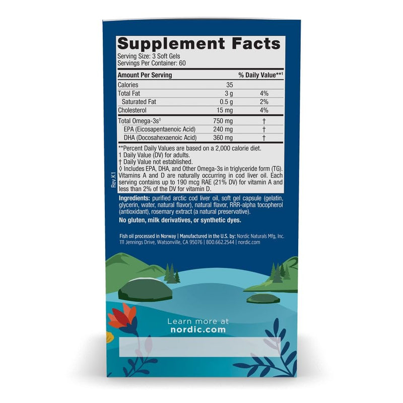 [Australia] - Nordic Naturals Arctic Cod Liver Oil, Lemon - 180 Soft Gels - 750 mg Total Omega-3s with EPA & DHA - Heart & Brain Health, Healthy Immunity, Overall Wellness - Non-GMO - 60 Servings 180 Count (Pack of 1) 