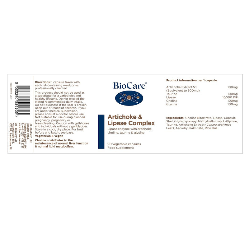BioCare Artichoke & Lipase Complex - with Choline, Artichoke Extract, Lipase, Taurine & Glycine - 90 Capsules