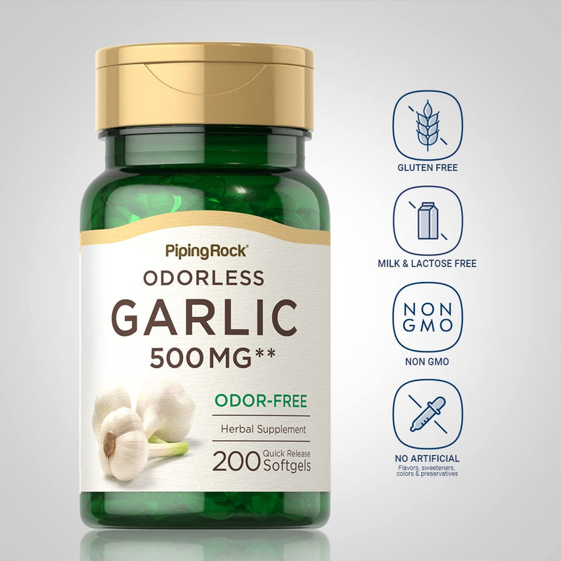 [Australia] - Piping Rock Odorless Garlic Softgels | 500mg | 200 Pills | Herbal Extract Supplement | Odor-Free, Non-GMO, Gluten Free 