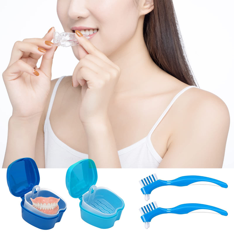 [Australia] - Denture Cleaner Box and Brush Set - 2 Pack Denture Bath Case with Basket + 2 Pack Denture Brushes, Portable Denture Retainer Storage Box, False Teeth Brushes for Oral Care 