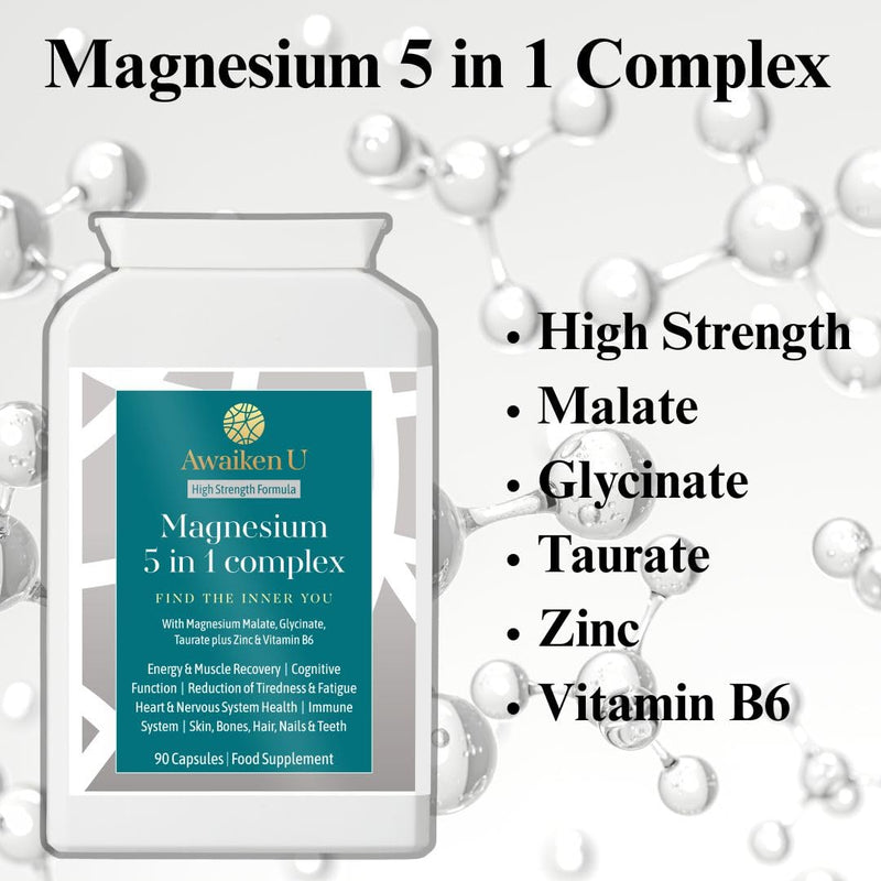 Magnesium Glycinate 5 in1 Complex -Magnesium Glycinate, Malate and Magnesium Taurate Plus Vitamin B6 & Zinc-High Strength, High Absorption, Easy to swallow-90 Vegan caps -UK Made