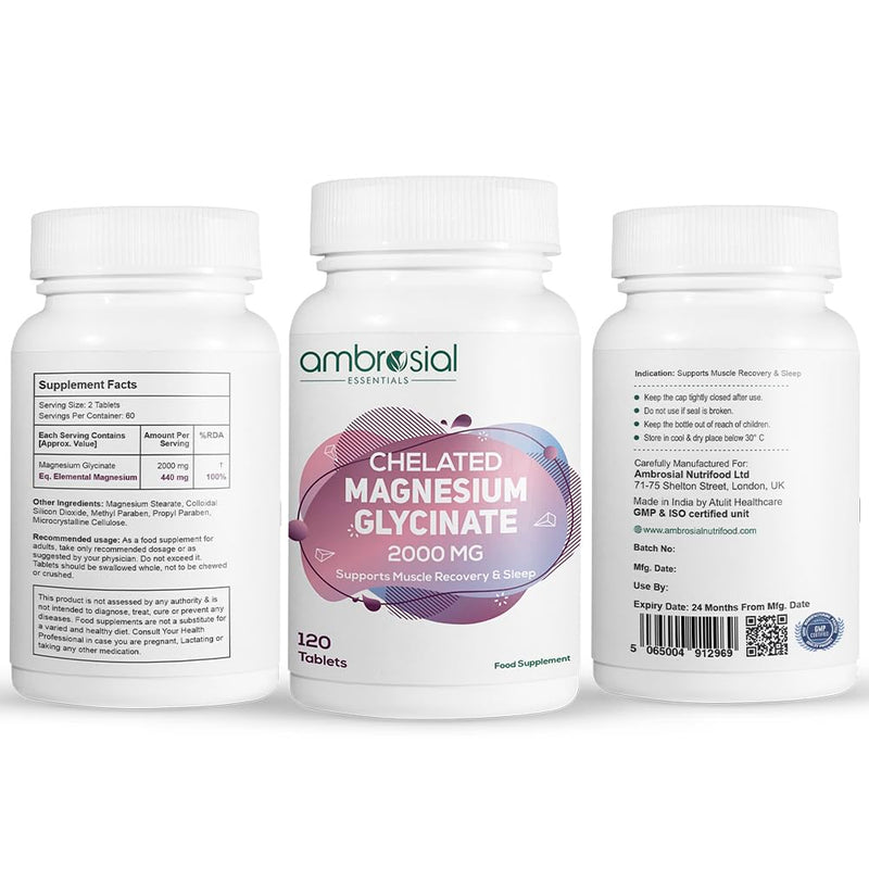 Ambrosial Chelated Magnesium Glycinate 2000mg | Provides 440mg Elemental Magnesium per Serving | 120 Vegan Tablets
