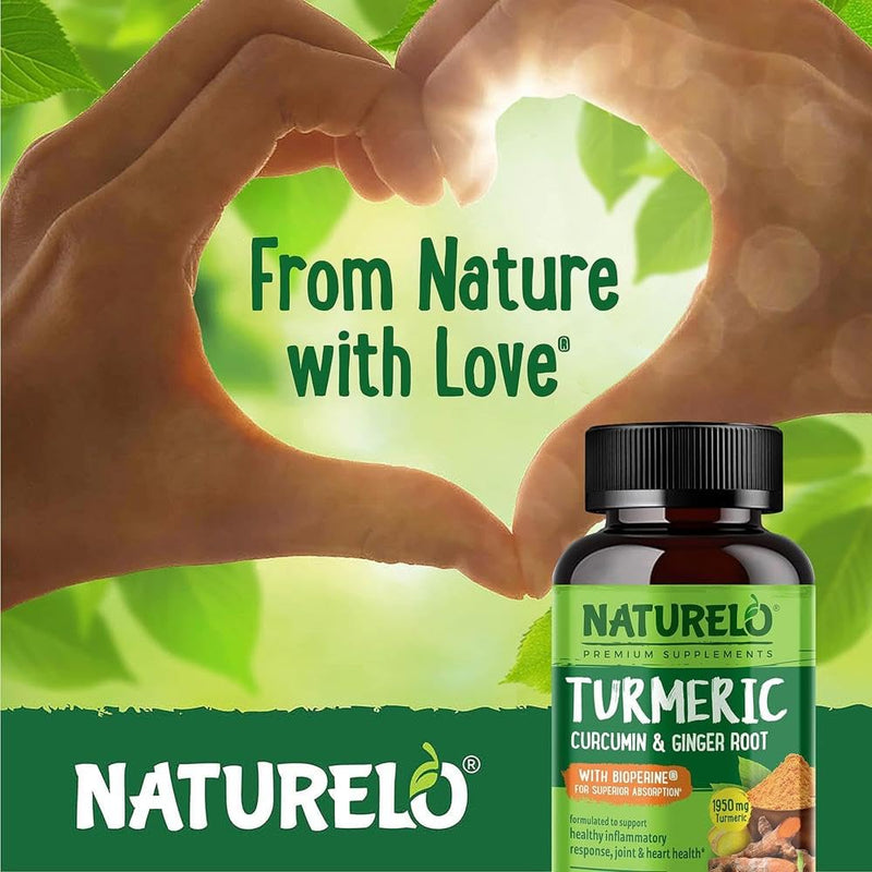 NATURELO Turmeric - Curcumin & Ginger Root with Black Pepper for Better Absorption - 95% Curcuminoids - Pure Nutrient-Rich Blend with No Fillers - 120 Vegan Capsules | 4 Month Supply