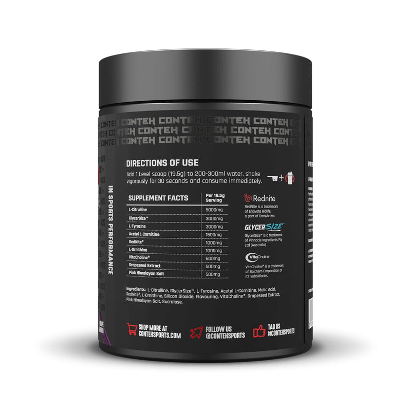 Conteh Sports Mega Pump Elite Pre-Workout - Stim-Free Pump Formula with L-Citrulline & Glycerol - Grape - 30 Servings One Size