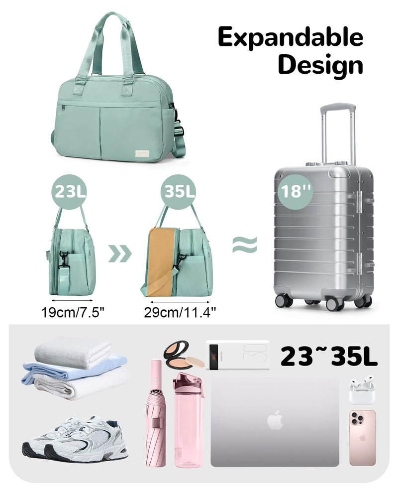 23-35L Expandable Weekender Bags for Women Travel Carry on, Green | Waterproof, Lightweight, 180° Openning, Luggage Strap, Airplane Friendly, Underseat, Duffle Bag for Overnight Business Travel lake blue