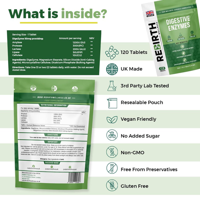 Digestive Enzyme Supplements - 120 Tablets for Optimal Gut Health - Contains DigeZyme, Lactase, Protease - Promotes Healthy Digestion, Essential Digestive Enzymes - UK Made, Vegan