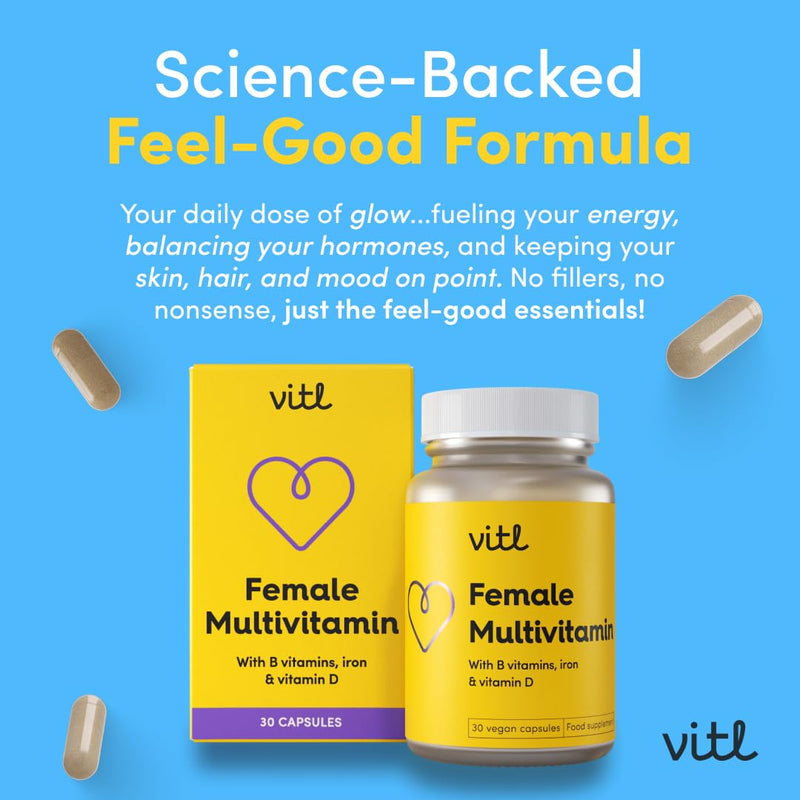 Vitl Female Multivitamin & Minerals Supplement - 30 Vegan Capsules - 21 Essential Active Vitamins & Minerals - with Vitamin D3, Vitamin B, Vitamin C, Vitamin E, Folic Acid & Iron - 1 Month Supply