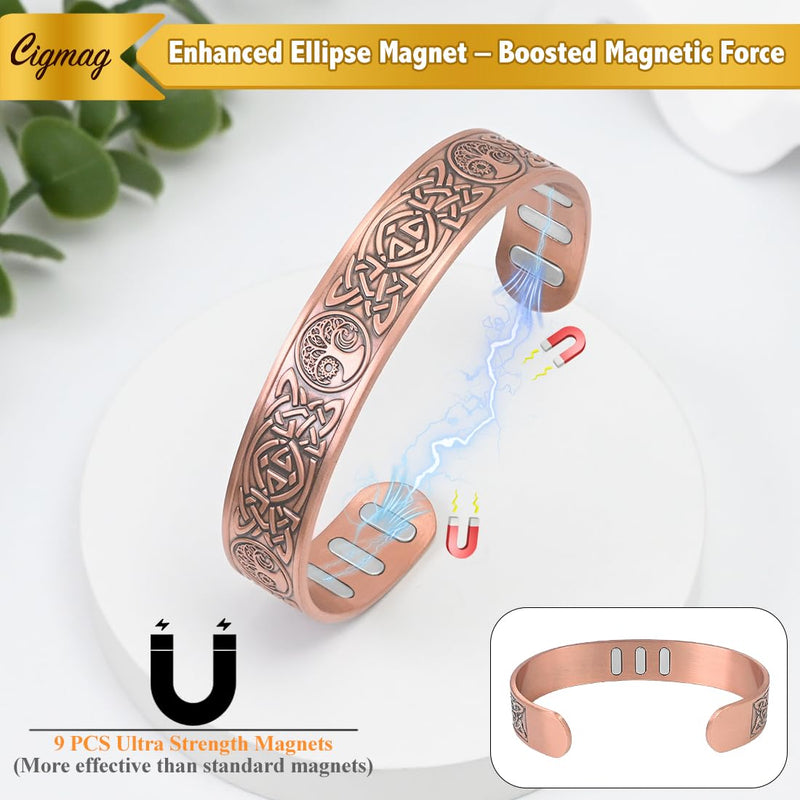 [Australia] - Copper Magnetic Bracelet for Men, with Powerful 9X 5000 Gauss Magnets, Adjustable Solid Pure Copper Celtic Sun Moon Life Tree 