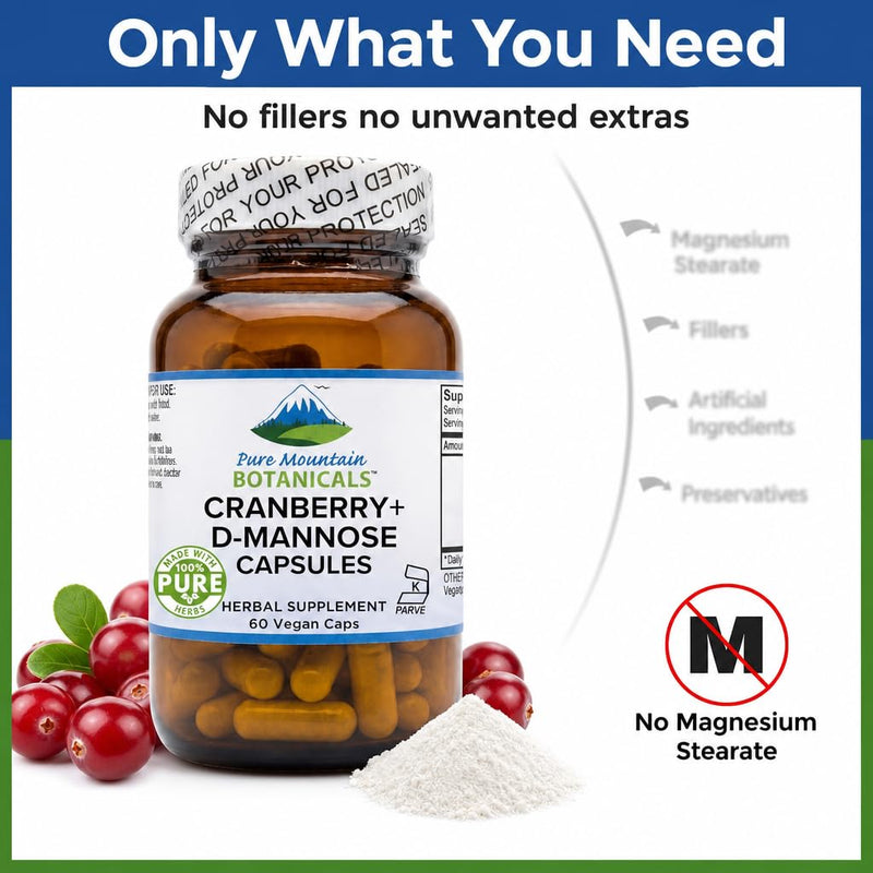 Pure Mountain Botanicals D Mannose with Cranberry Capsules - 60 Count Vegan Kosher - 1000mg D-Mannose for Urinary Tract Health - DMannose 1000mg with Vitamin C for Women and Men