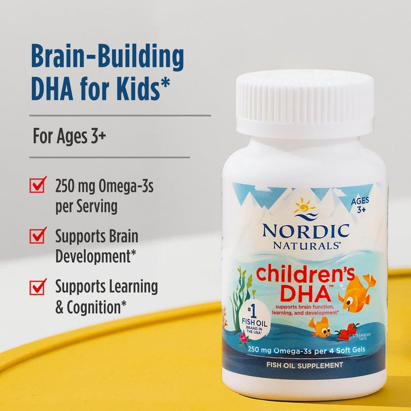 Nordic Naturals Children’s DHA, Strawberry - 180 Mini Chewable Soft Gels for Kids - 250 mg Omega-3 with EPA & DHA - Brain Development & Function - Non-GMO - 45 Servings | 250mg EPA+DHA per serving. Brain development & function for ages 3-6. Mini strawb...