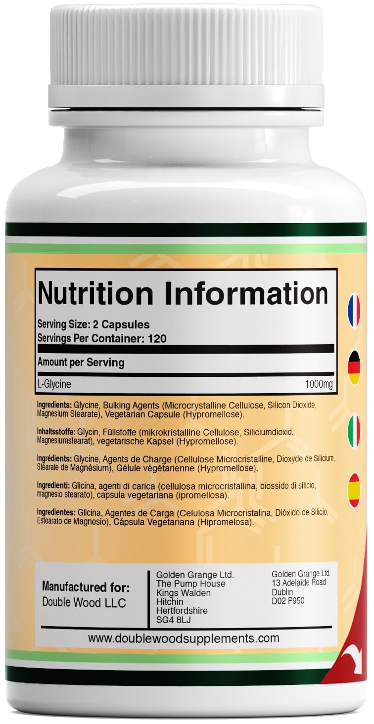 Double Wood Glycine Supplement | 240 High Strength Glycine Capsules - 1000mg per Serving | Amino Acid Supplement | Non-GMO & Gluten | Manufactured in The UK 240 count (Pack of 1)