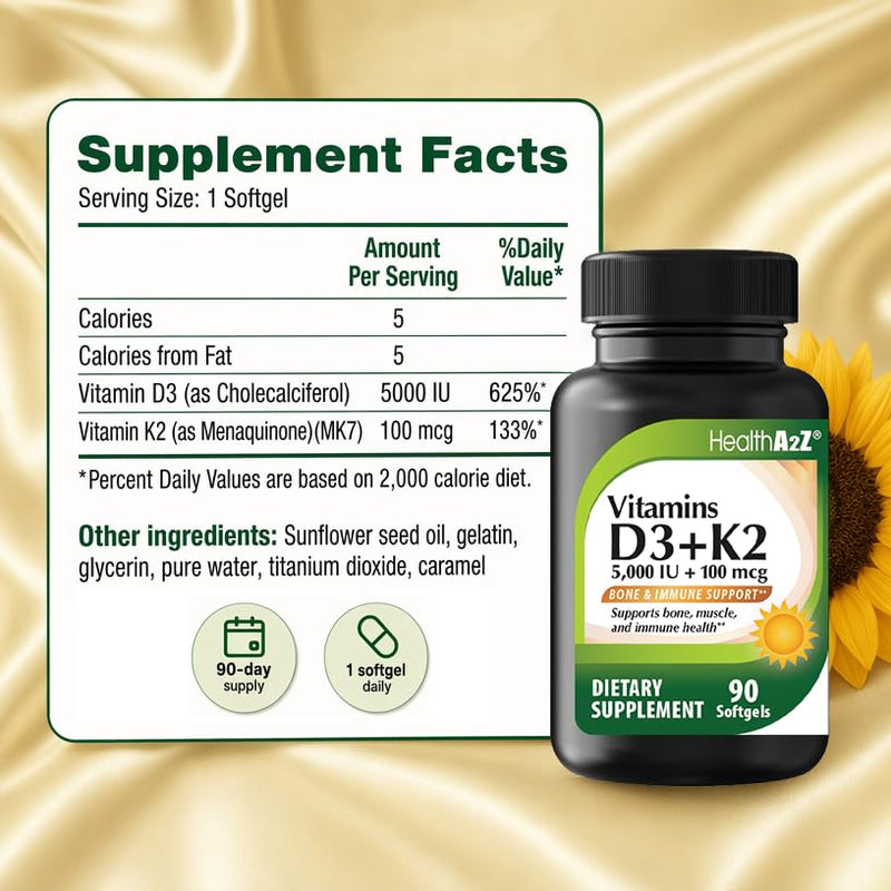 HealthA2Z® Vitamin D3 (5,000 IU) + K2 (100 mcg), 90 Softgels, Pack of 1 | Helps Calcium Absorption, Supports Bones & Teeth, Mood & Immune Health