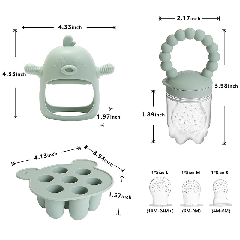 [Australia] - Baby Fruit Feeder Pacifier - 3 Pack | 1 Baby Food Feeder & 1 Baby Teether & 1 Baby Popsicle Molds | Breastmilk Popsicle molds | Baby Teething Toys | Silicone Baby Feeding Set | Baby Feeder (Pea Green) 01. Pea Green - Set 1 