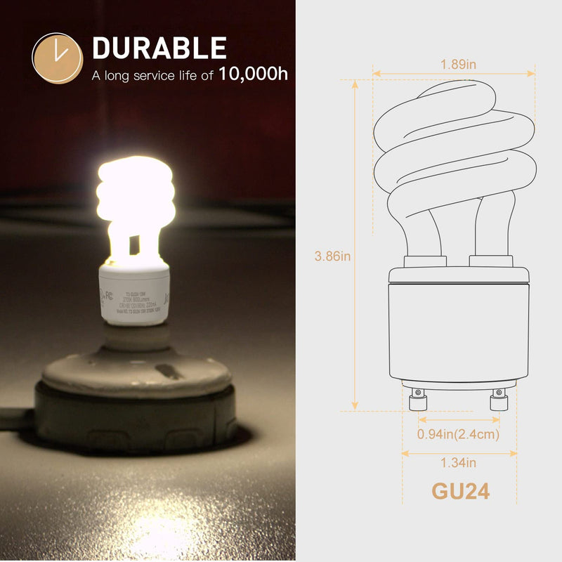 [Australia] - JACKYLED UL-Listed GU24 CFL Light Bulbs, T3 13W 2700K Warm White GU24 Base Compact Flourescent Bulbs, Energy Efficient 900lm Spiral Bulb, 2-Pack 2 Count (Pack of 1) 