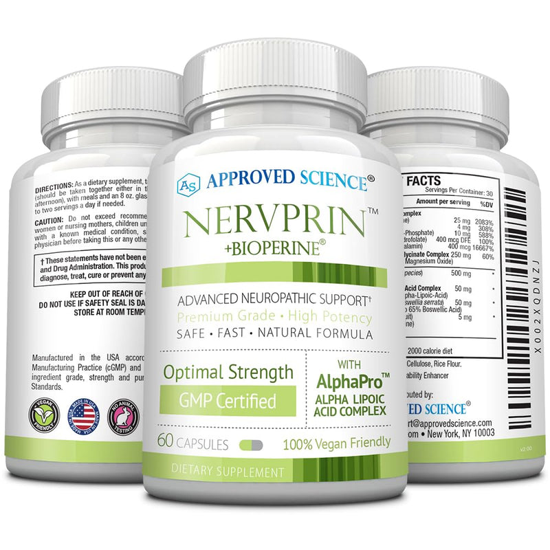 Approved Science Nervprin - Nerve Support - Benfotiamine, B12, R-Alpha-Lipoic Acid, Corydalis, Boswellia, BioPerine - 60 Capsules - Made in The USA 60 Count (Pack of 1)