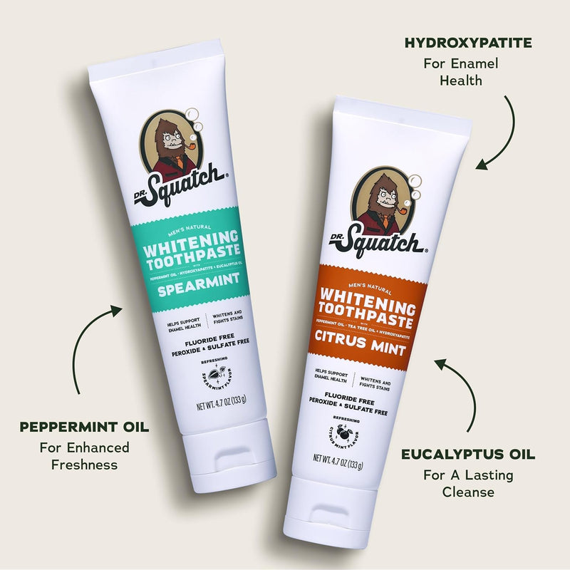 Dr. Squatch Hydroxyapatite Toothpaste Whitening - Natural, Fluoride-Free Toothpaste - Enamel Support - Day & Night Set - Citrus Mint & Spearmint, (4.7 oz, 2-Pack) 4.7 Ounce (Pack of 2)