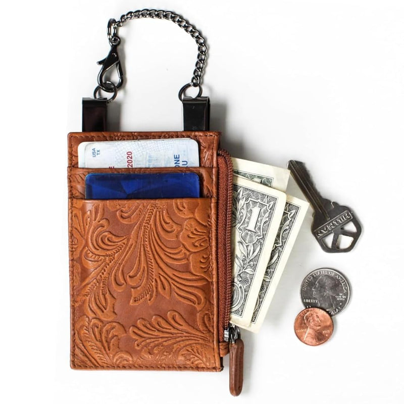 RFID Blocking Cowboy Boot Wallet, 100% Genuine Leather, for Men and Women | Security Chain, Zipper Lock, Travel Wallet, Minimalist Card Holder Toffee
