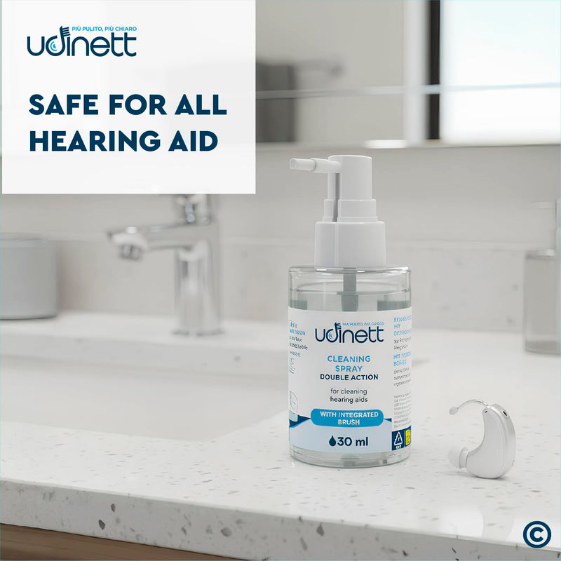 Hearing Aid Cleaning Spray 30ml Udinett Quick Drying with Integrated Brush Sanitizer for Cleaning Earphones Bluetooth Headphones - Eliminates Earwax Dust and Bacteria