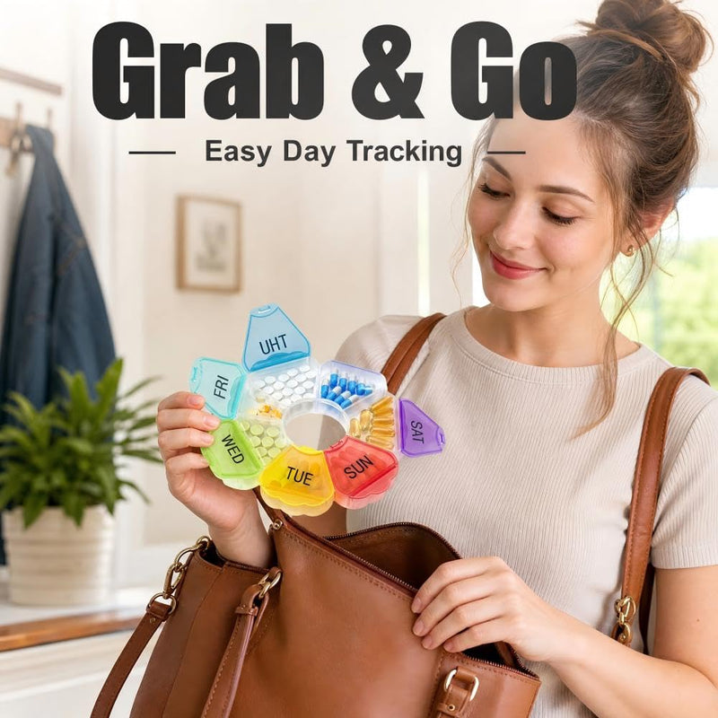 7 Day Extra Large Weekly Pill Organizer, Colorful Portable Pill Case, Large Medicine Container for Vitamins, Fish Oil, Tablets, Gummies & Daily Supplements