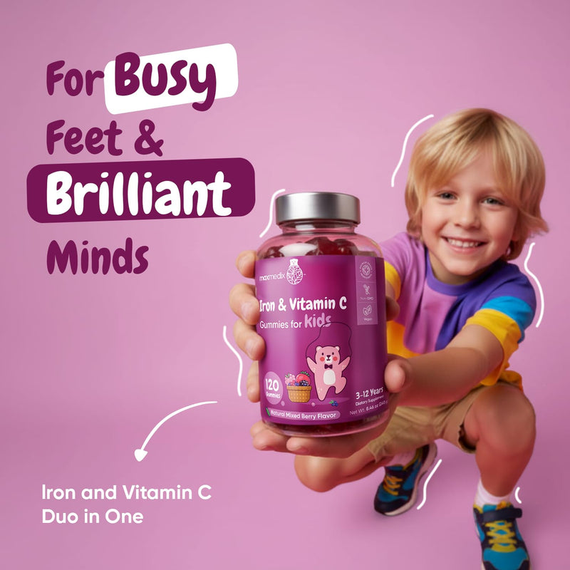 maxmedix Kids Iron with Vitamin C Gummies 120 Ct | Supports Iron Deficiency, Blood, Energy & Immune Health (4 Month Supply), 7mg Fe + 10mg Vit C | Pectin-Based Kids Iron Supplement, Vegan, Mixed Berry