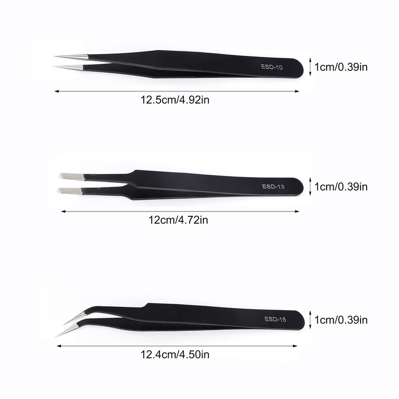 [Australia] - Tweezers set of 3 precision tweezers, anti-static ESD safety, stainless steel tweezers set, non-magnetic, for detailed work and repairs of computers, cell phones, watches 12.5 cm 