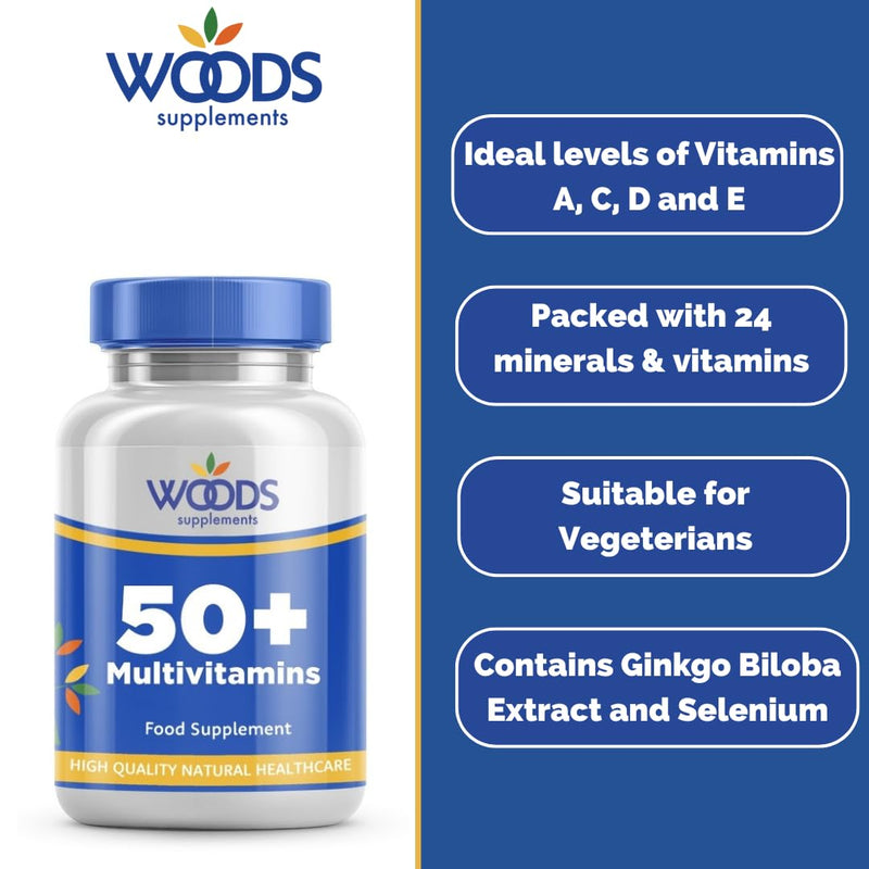 Woods Supplements - 50+ Multivitamins 90x Tablets Multi Vitamins for Men and Women 50 Plus with Minerals, Vitamins A, B, C, D, E, Folic Acid, Zinc, Selenium and Ginkgo Biloba 90