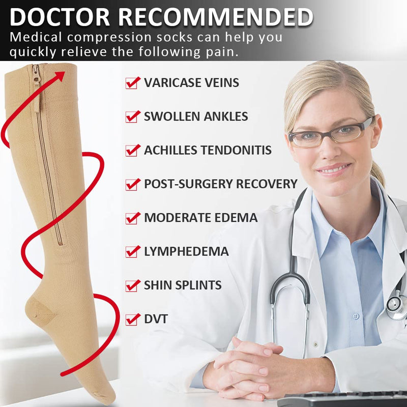 [Australia] - Ailaka Zipper Compression Socks Medical, 15-20 mmHg Knee High Compression Socks for Men Women, Close Toe Support Socks for Varicose Veins, Edema, Recovery, Pregnant, Nurse(Beige, X-Large) X-Large (1 Pair) Beige 