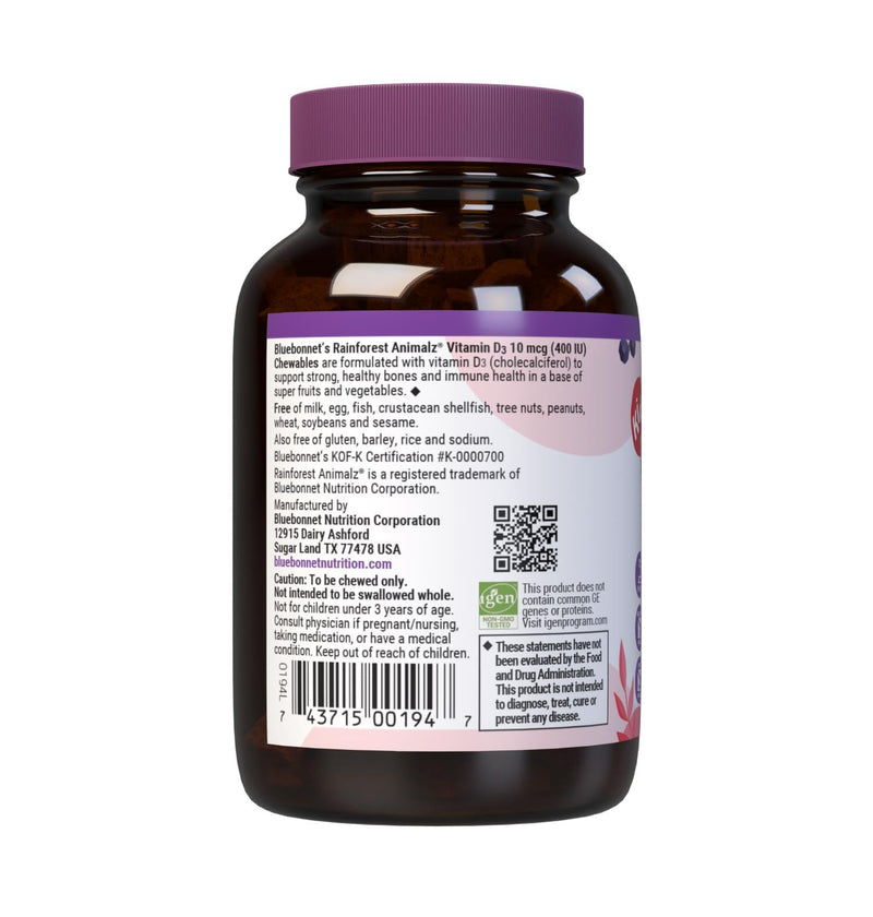 Bluebonnet Nutrition Rainforest Animalz Vitamin D3 400 IU Chewable Tablet, Soy, Dairy & Gluten-Free, Non-GMO, Kosher Certified, Vegetarian Friendly, Natural Mixed Berry Flavor, 90 Count | Non-GMO, Vegetarian, Kosher Certified, Gluten-Free