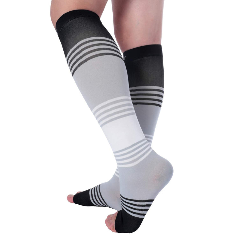 Doc Miller Premium Open Toe Compression Socks Dress Series 1 Pair 20-30mmHg, Toeless Compression Socks Women Open Toe Blackgraywhite Large