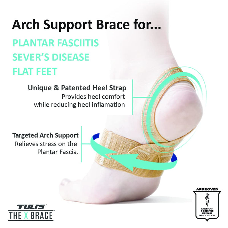 Tuli's X Brace, Arch Support Brace and Compression for Sever's Disease, Plantar Fasciitis, Heel Pain, Flat Feet, Fallen Arches, and Over-Pronation, 1 Pair, Small Beige