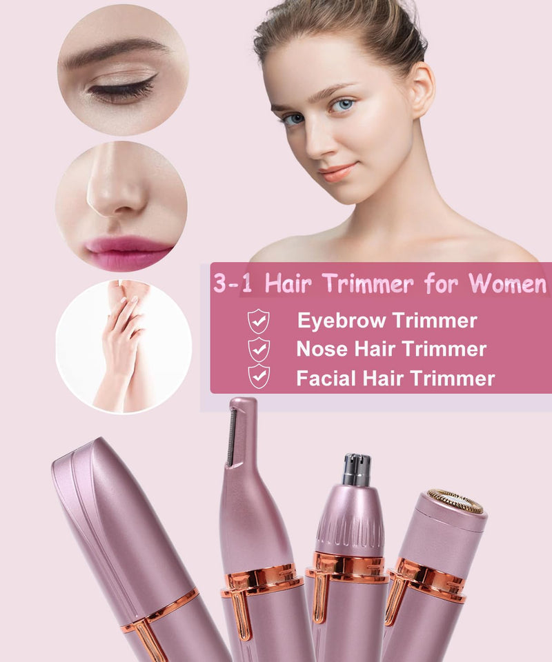 [Australia] - Scienbeauty Nose Ear Hair Trimmer Facial & Eyebrow Hair Remover for Women, 3 in 1 USB Rechargeable Painless Hair Removal Kit with 3 Replaceable Rinseable Grooming Heads Rose Gold 
