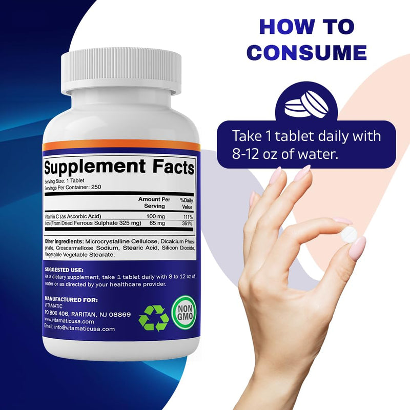 [Australia] - Vitamatic Ferrous Sulphate 325 mg + Vitamin C 100 mg - (65 mg Elemental Iron) High Potency Iron Supplement | No Artificial Color Additives - 250 Coated Tablets - Made in USA 