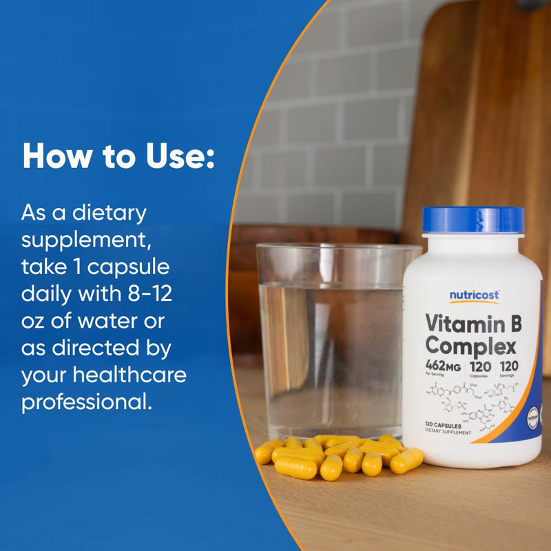 [Australia] - Nutricost High Potency Vitamin B Complex 462mg, 120 Capsules - with Vitamin C - Energy Complex 120 Count (Pack of 1) 