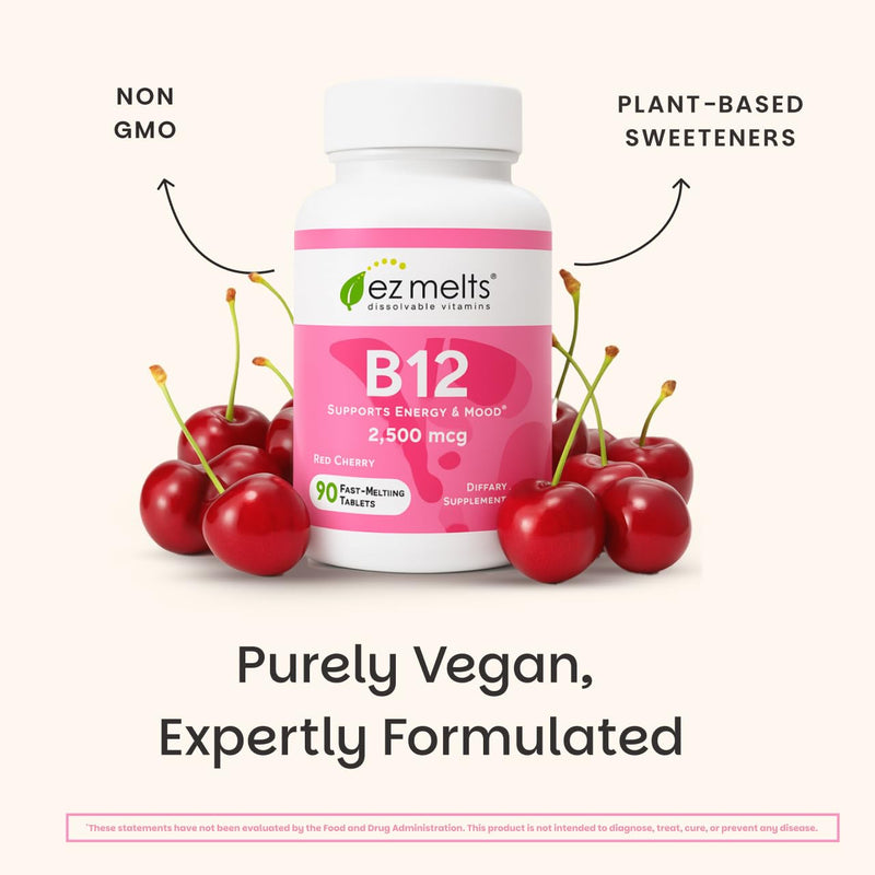EZ Melts Dissolvable B12 Methylcobalamin 2,500 mcg - Vitamin B12 for Energy & Immune Support - Non-GMO, Vegan & Gluten-Free - Red Cherry - 90 Sublingual Tablets (90 Servings) 90 Count (Pack of 1)