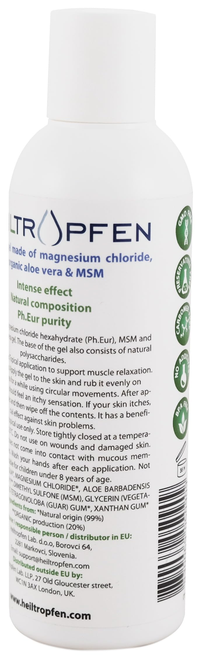 1x Magnesium Gel with Aloe Vera & MSM | 6.76 Oz - 200 ml | Pure Magnesium Chloride | Organic Aloe Vera | Soothes and Relaxes Muscles | Heiltropfen®