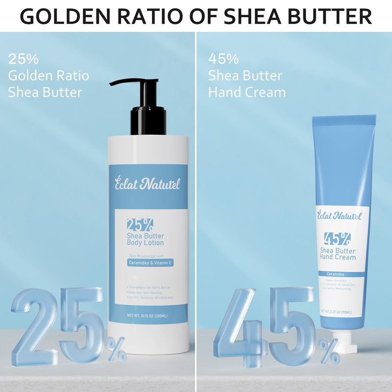 Shea Butter Hand Cream and Body Lotion, with Vitamin E Ceramide Niacinamide Moisturizing Cream for Dry Skin Care, 2.37 Fl Oz Hand Cream & 10.15 Fl Oz Body Lotion Vitamin E & Ceramides 12.52 Fl Oz (Pack of 1)