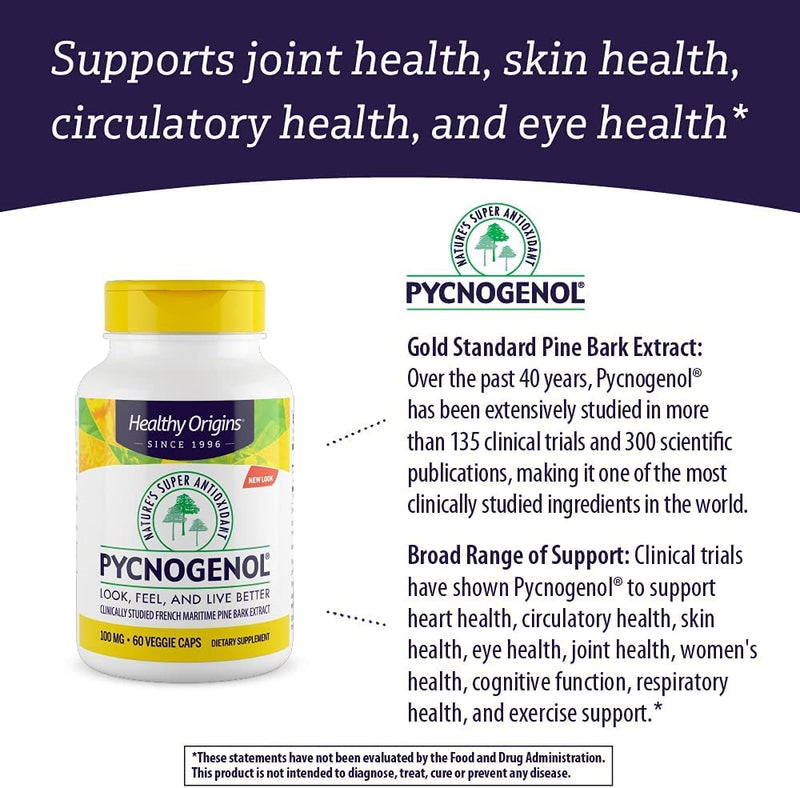 [Australia] - Healthy Origins Pycnogenol 100 mg - Premium Pine Bark Extract - French Maritime Pine Bark Extract for Heart Health, Skin Care & More - Gluten-Free & Non-GMO Supplement - 60 Veggie Caps 60 Count (Pack of 1) 