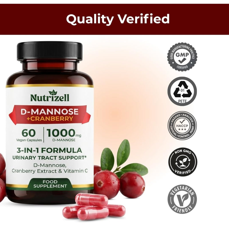D-Mannose Cranberry 1000mg – 60 Vegan Capsules | 3-in-1 Formula with Vitamin C | Urinary Tract Support Supplement for Women & Men