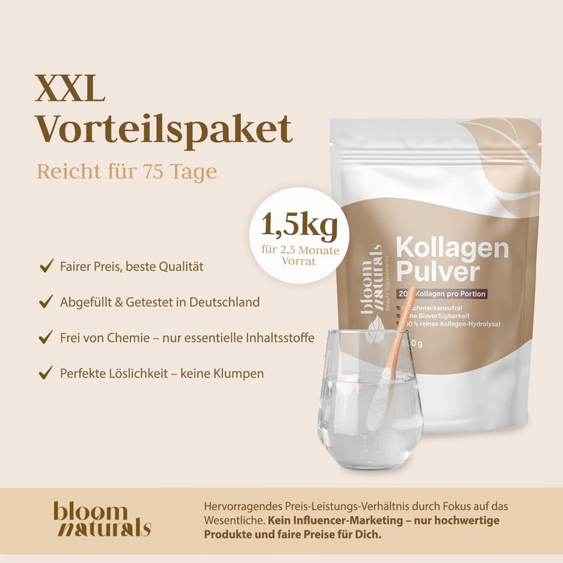 [Australia] - Collagen powder 1500g (1.5 kg) - high dose and tasteless collagen hydrolyzate powder, peptide type 1 & 3 - collagen powder, collagen peptides - produced in Germany XXL storage pack collagen 1500g (1.5 kg) 