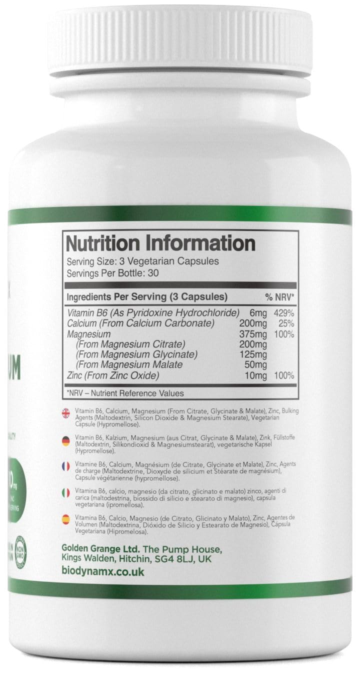 Magnesium 3‑in‑1 Complex 375 mg – Glycinate, Malate & Citrate – 90 High Strength Vegan Capsules (30‑Day Supply) | Energy, Recovery & Sleep Support | UK Made, GMP Certified & Allergen Free