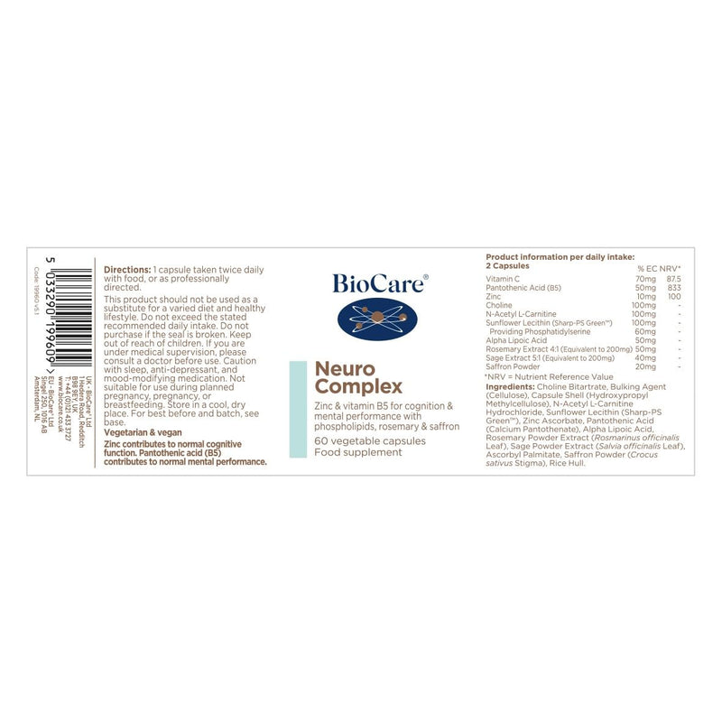 BioCare Neuro Complex - High Potency Zinc, Vitamin C, B5 and Botanicals - with Rosemary & Sage - for Cognitive Support - 60 Capsules
