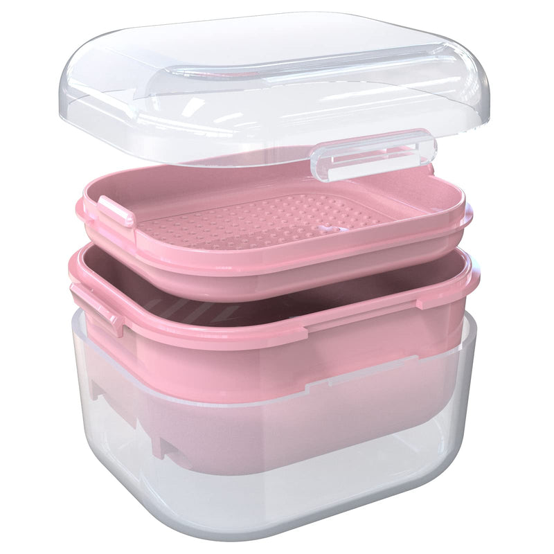 [Australia] - ARGOMAX Denture Case, Denture Cup for Soaking Dentures(Not Leak-Proof), Thorough Cleaning of Dentures, Retainer, Mouthguards, Clear Braces (Dark Pink). Clear Case + Pink Filter and Tray 