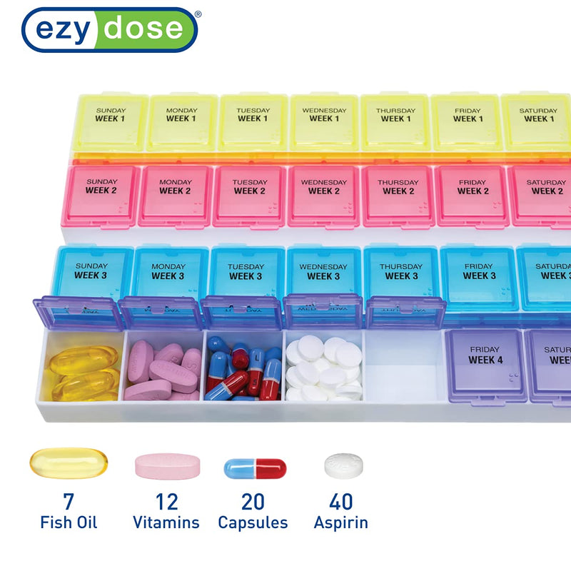 EZY DOSE Monthly (28-Day) Pill Case, Daily Medicine Planner, Vitamin Organizer, Supplement Container, One Month, Large Contoured Compartments, Convenient and Easy to Use, Colored Lids, BPA Free | Daily Vitamin & Supplement Prescription Box, Compact Con...