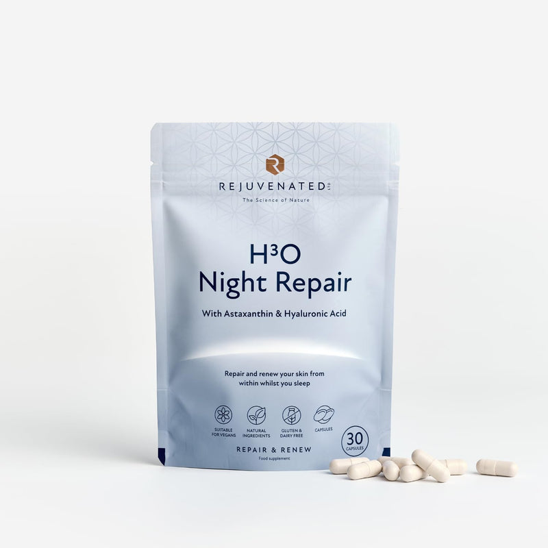 Rejuvenated H3O Night Repair - Antioxidants, Vitamins & Hyaluronic Acid Blend for Skin Hydration & Repair During Sleep with Astaxanthin & Hyaluronic Acid (30 Capsules) H30 Night Repair 30 count (Pack of 1)