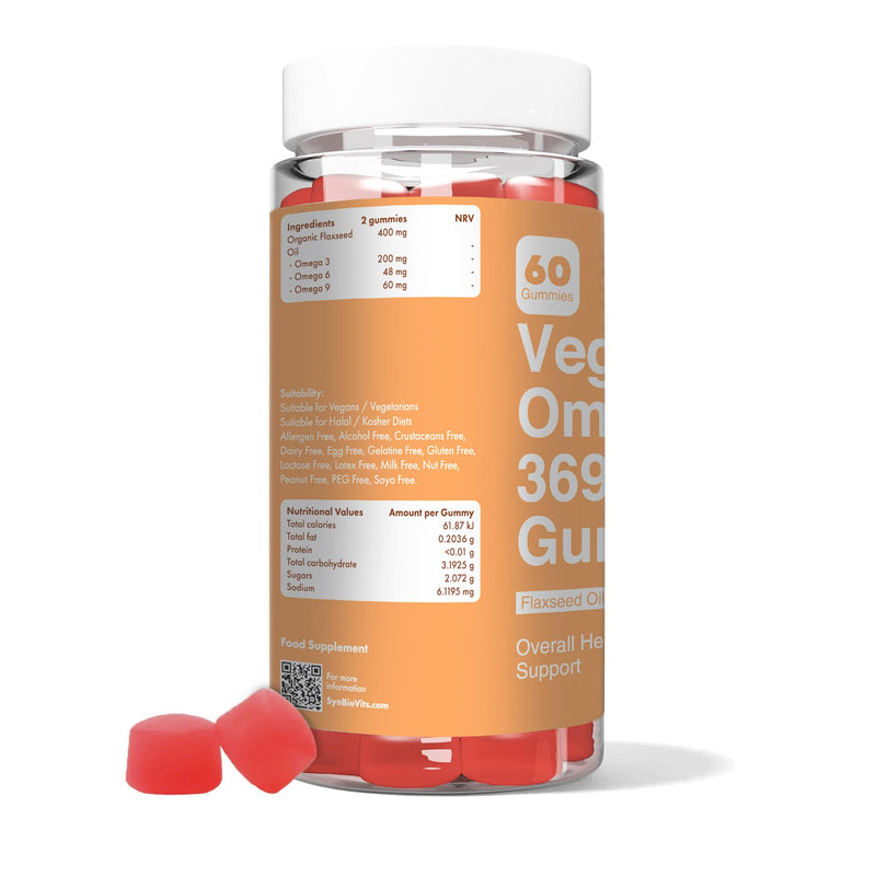 Vegan Omega 3-6-9 Gummies | Plant Based Organic 400mg Flaxseed Oil | Vegan, Gelatin Free, Halal & Kosher | 60 Peach Flavour Gummies